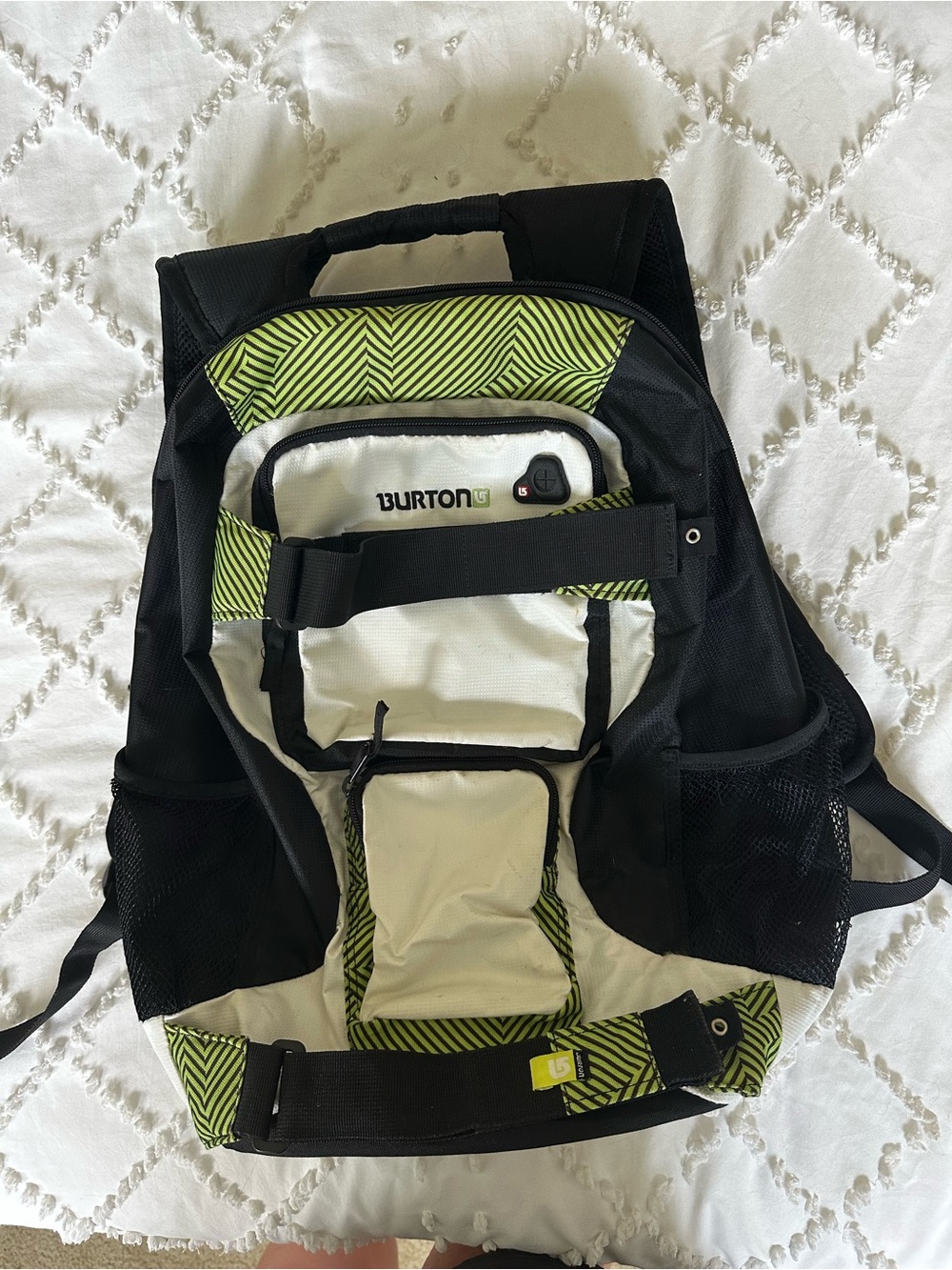 Burton Black White and Lime Green Patterned Backpack